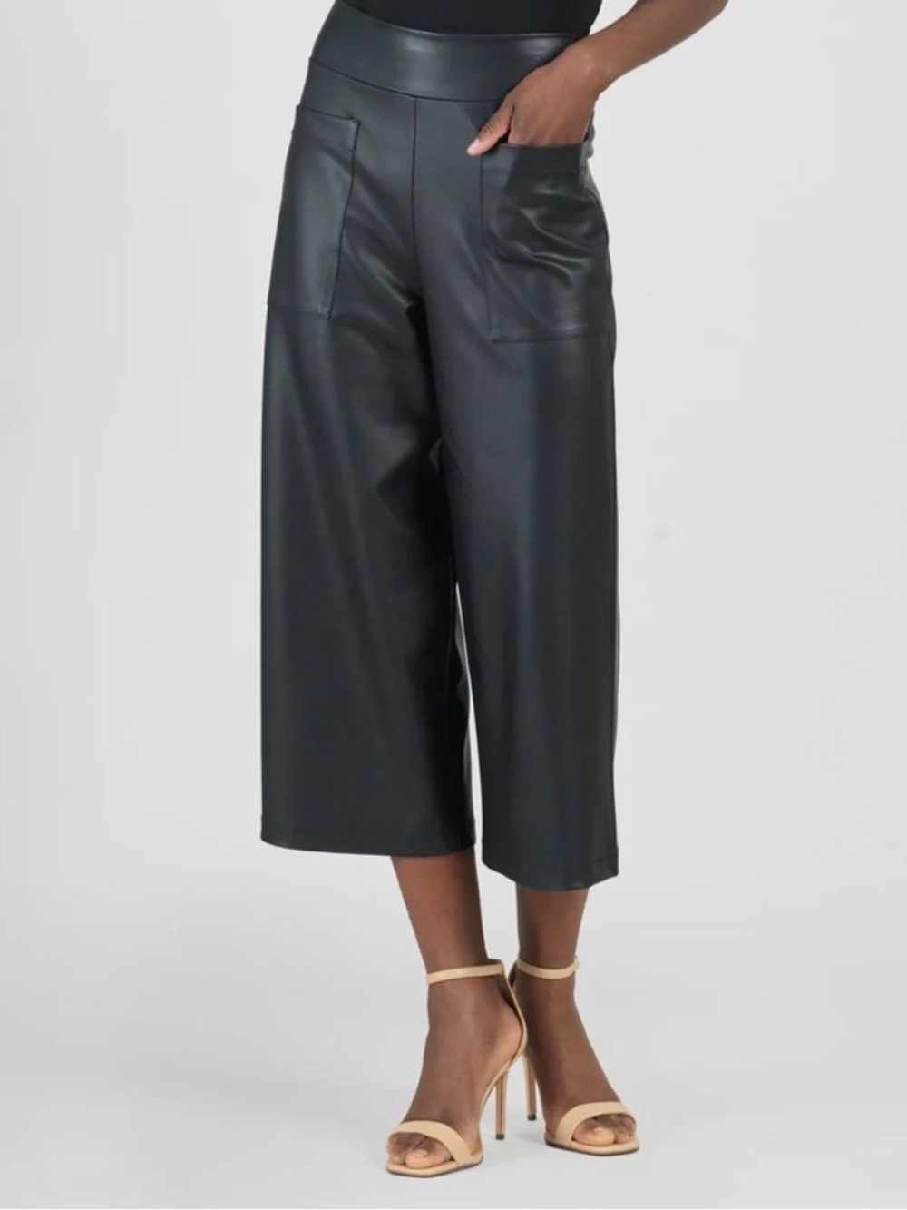 Clara Sunwoo Liquid Leather Front Pocket Gaucho Pant Black Faux Cropped Wide Leg